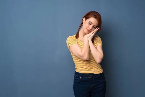 Young Redhead Woman Blue Background Making Sleep Gesture Dorable Expression — Stock Photo, Image