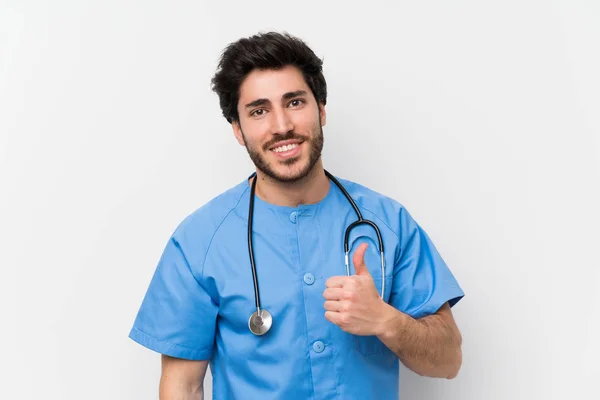 Cirujano Doctor Hombre Sobre Aislado Blanco Pared Dando Pulgar Hacia — Foto de Stock