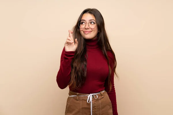 Teenager Girl Glasses Fingers Crossing Wishing Best — Stock Photo, Image