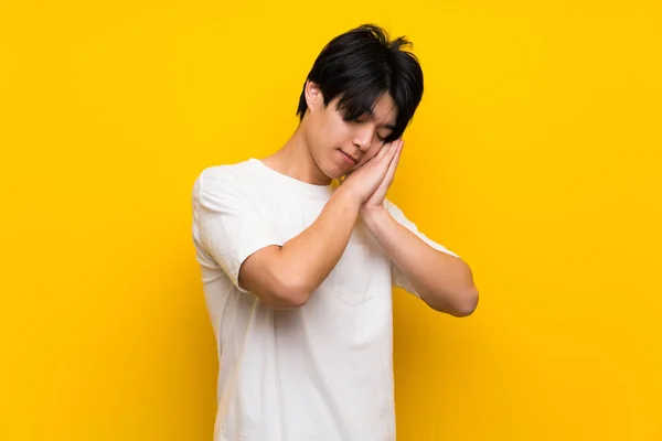 Ásia Homem Mais Isolado Amarelo Parede Fazendo Sono Gesto Dorable — Fotografia de Stock