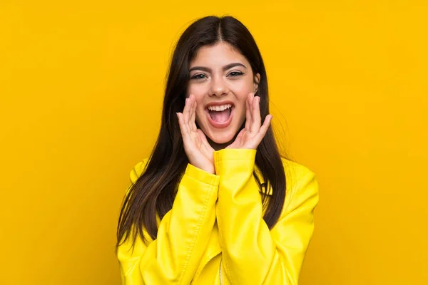 Teenager Girl Yellow Wall Shouting Mouth Wide Open — Stock Photo, Image