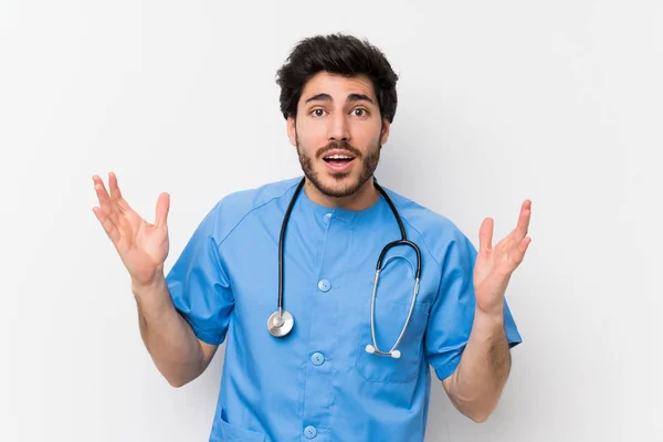 Surgeon Doctor Man Isolated White Wall Surprise Facial Expression — Stock Photo, Image