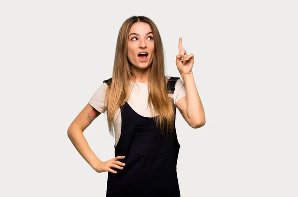 Young Pretty Woman Intending Realizes Solution While Lifting Finger Isolated — Stock Photo, Image