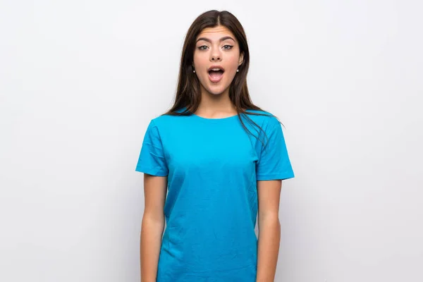 Chica Adolescente Con Camisa Azul Con Expresión Facial Sorpresa — Foto de Stock