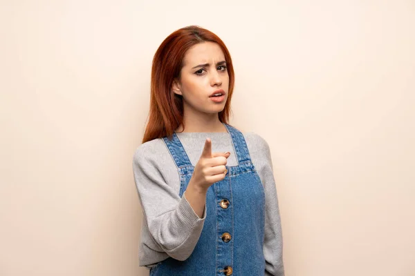Young Redhead Woman Isolated Background Frustrated Pointing Front — Stock Photo, Image