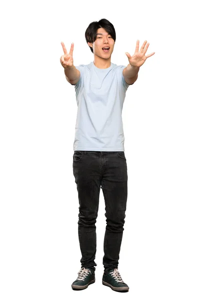 Plano Completo Hombre Asiático Con Camisa Azul Contando Siete Dedos — Foto de Stock