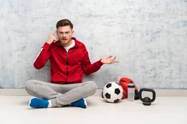 Redhead Sport Man Making Gesture Madness Putting Finger Head — Stock Photo, Image