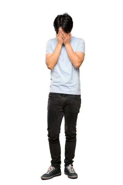 Eine Ganzkörperaufnahme Eines Asiatischen Mannes Mit Blauem Hemd Mit Müdem — Stockfoto