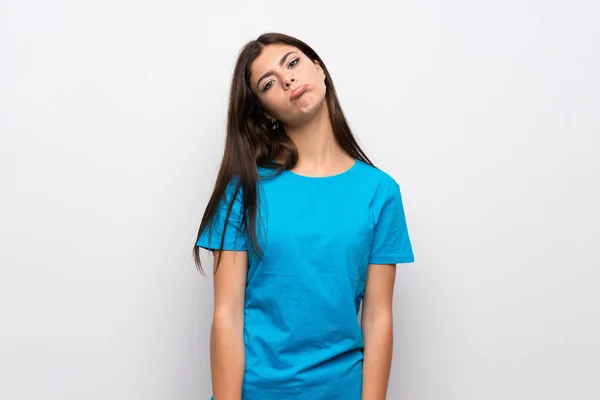 Chica Adolescente Con Camisa Azul Con Expresión Triste Deprimida — Foto de Stock