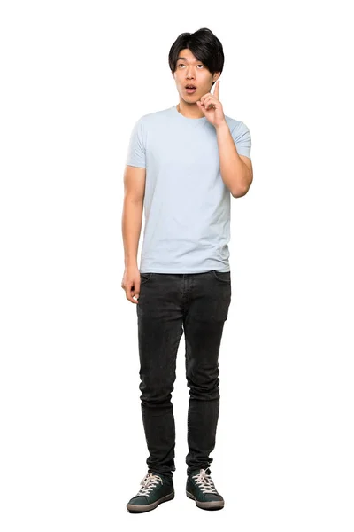 Uma Foto Completa Homem Asiático Com Camisa Azul Pensando Uma — Fotografia de Stock
