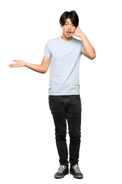 Una Toma Completa Hombre Asiático Con Camisa Azul Haciendo Gesto —  Fotos de Stock