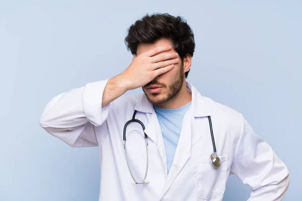Doctor Man Covering Eyes Hands — Stock Photo, Image