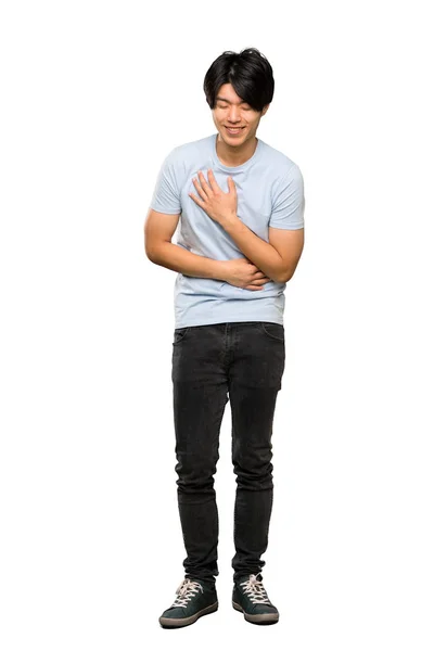 Tiro Completo Homem Asiático Com Camisa Azul Sorrindo Muito Sobre — Fotografia de Stock