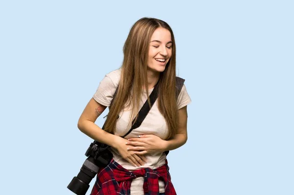 Young Photographer Woman Smiling Lot While Putting Hands Chest Isolated — 스톡 사진