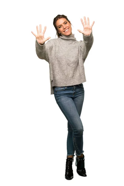 Full Length Shot Blonde Woman Turtleneck Counting Ten Fingers Isolated — Stock Photo, Image