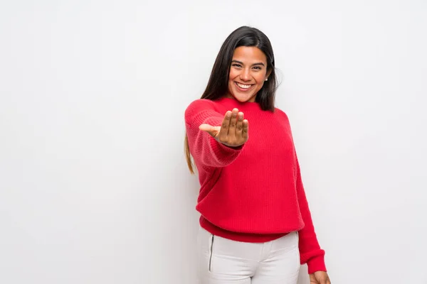 Young Colombian Girl Red Sweater Inviting Come Hand Happy You — ストック写真