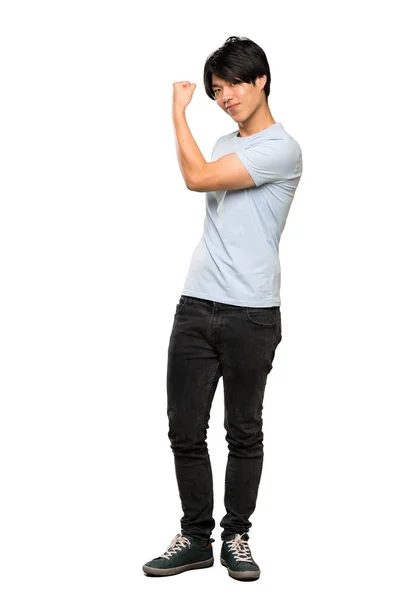 Full Length Shot Asian Man Blue Shirt Doing Strong Gesture — Stock Photo, Image