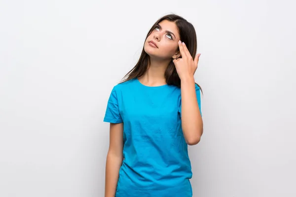Adolescente Chica Con Camisa Azul Con Problemas Para Hacer Gesto — Foto de Stock