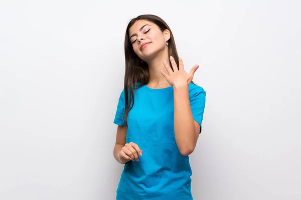 Adolescente Avec Chemise Bleue Avec Expression Fatiguée Malade — Photo