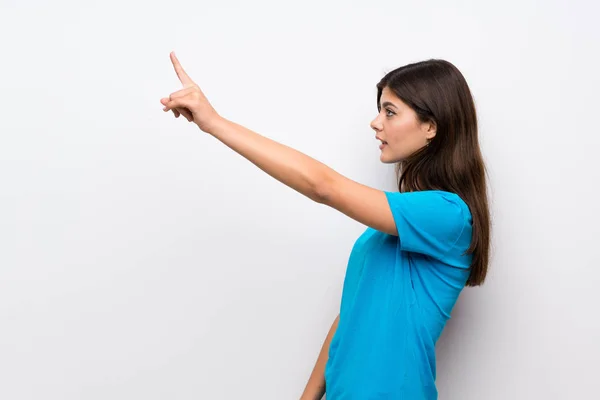 Tiener Meisje Met Blauw Shirt Wijzend — Stockfoto