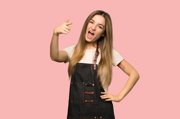 Young Woman Apron Frustrated Bad Situation Pointing Front Isolated Pink — 스톡 사진