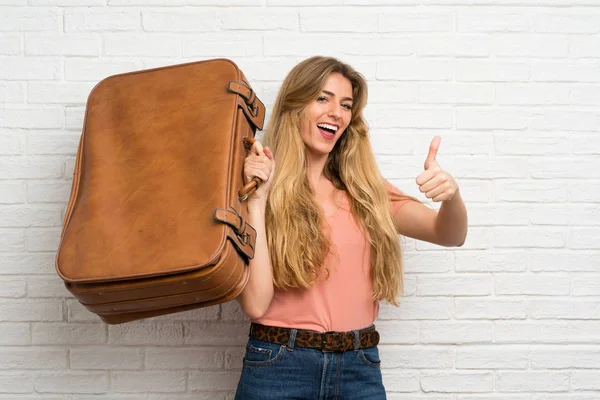 Young Blonde Woman White Brick Wall Holding Vintage Briefcase — Stock fotografie