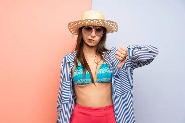 Young Woman Bikini Showing Thumb Sign — 스톡 사진