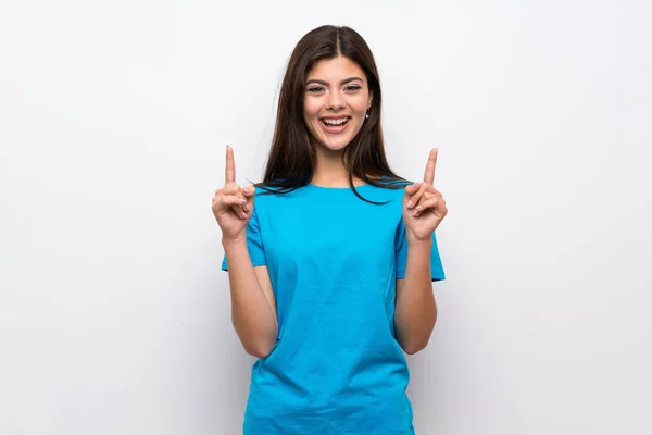 Adolescente Chica Con Camisa Azul Señalando Una Gran Idea — Foto de Stock