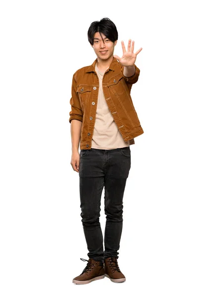 손가락으로 재킷과 아시아 남자의 — 스톡 사진