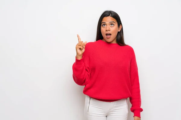 Young Colombian Girl Red Sweater Intending Realizes Solution While Lifting — 스톡 사진