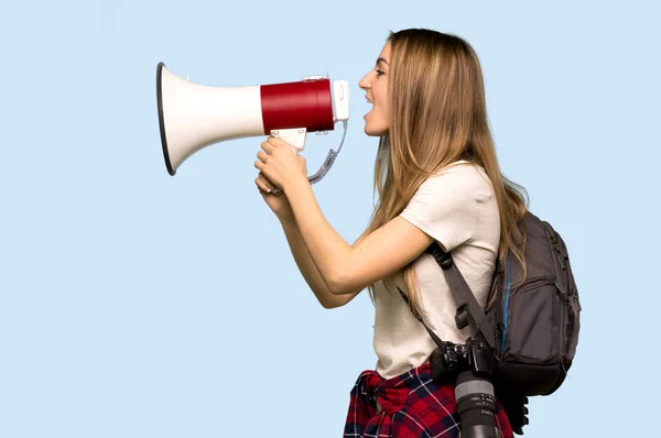 Young Photographer Woman Shouting Megaphone Announce Something Lateral Position Isolated — Stock Photo, Image