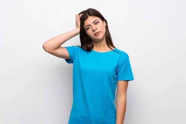 Ragazza Adolescente Con Camicia Blu Con Espressione Frustrazione Non Comprensione — Foto Stock