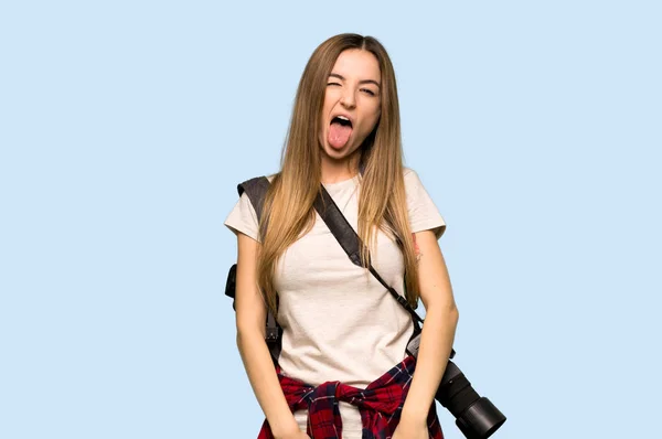 Young Photographer Woman Showing Tongue Camera Having Funny Look Isolated — 스톡 사진