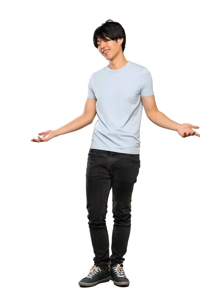 Tiro Completo Homem Asiático Com Camisa Azul Sorrindo Sobre Fundo — Fotografia de Stock