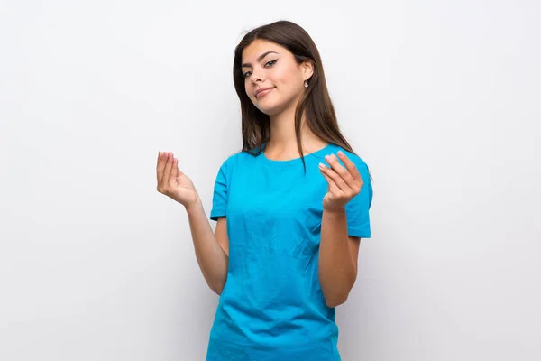 Teenager Girl Blue Shirt Making Money Gesture — Stock Photo, Image