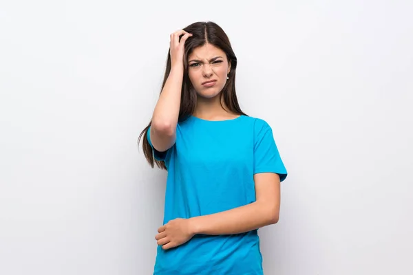 Tonåring Flicka Med Blå Skjorta Att Tvivel — Stockfoto