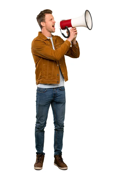 Blonde Handsome Man Shouting Megaphone — Stock Photo, Image