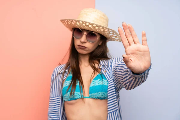 Young Woman Bikini Making Stop Gesture Her Hand — 스톡 사진