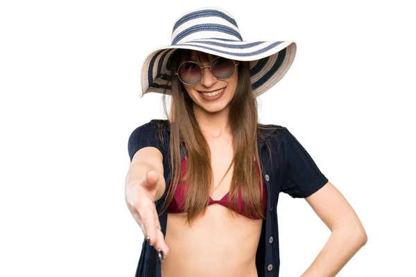 Jonge Vrouw Bikini Handdrukken Goede Deal Geïsoleerde Witte Achtergrond — Stockfoto
