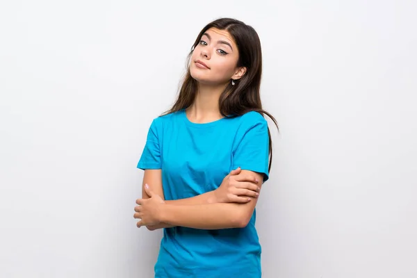 Teenager Girl Blue Shirt Making Doubts Gesture While Lifting Shoulders — Stock Photo, Image