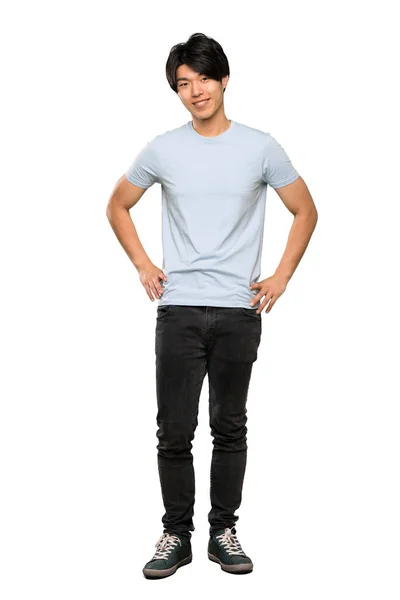 Plano Completo Hombre Asiático Con Camisa Azul Posando Con Los —  Fotos de Stock