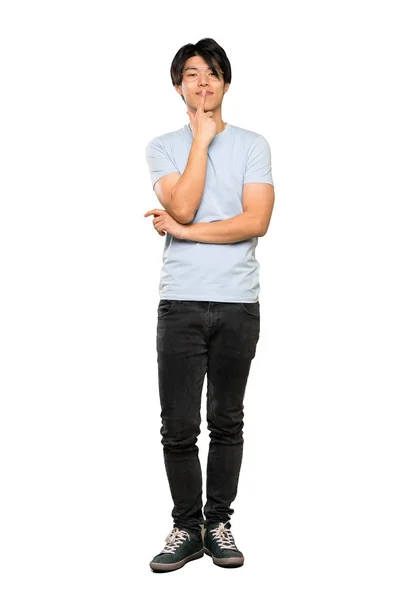 Fullängds Bild Asiatisk Man Med Blå Skjorta Med Glasögon Och — Stockfoto