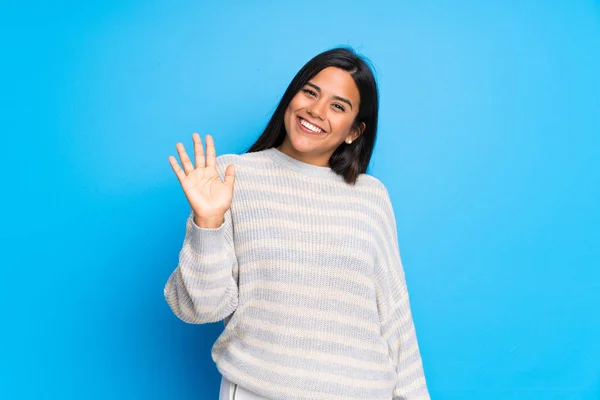 Young Colombian Girl Sweater Saluting Hand Happy Expression — 스톡 사진