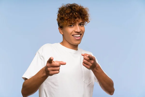 Young African American Man White Shirt Points Finger You — Stock Photo, Image