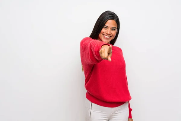 Young Colombian Girl Red Sweater Points Finger You Confident Expression — 스톡 사진