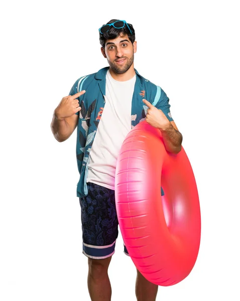 Man in trunks with surprise facial expression over isolated white background