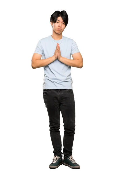 Uma Foto Completa Homem Asiático Com Camisa Azul Mantém Palma — Fotografia de Stock