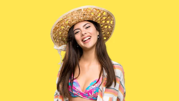 Teenager Girl Summer Vacation Laughing Isolated Yellow Background — Stock Photo, Image