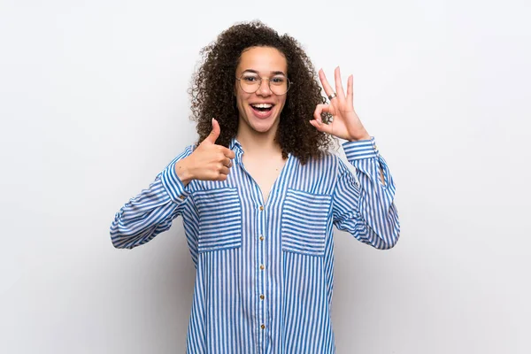 Dominican Woman Striped Shirt Showing Sign Giving Thumb Gesture — Stock Photo, Image