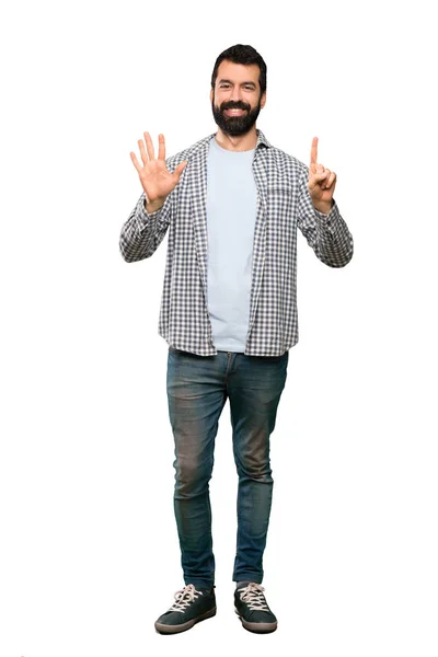 Bonito Homem Com Barba Contando Seis Com Dedos Sobre Fundo — Fotografia de Stock